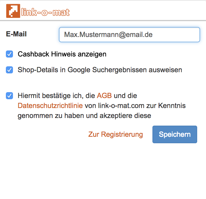 Cashback Browser Add-on Erklärung mit eingegebener Email